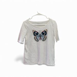 Talbots White Top with Colorful Butterfly Design Embroidery Petite Small